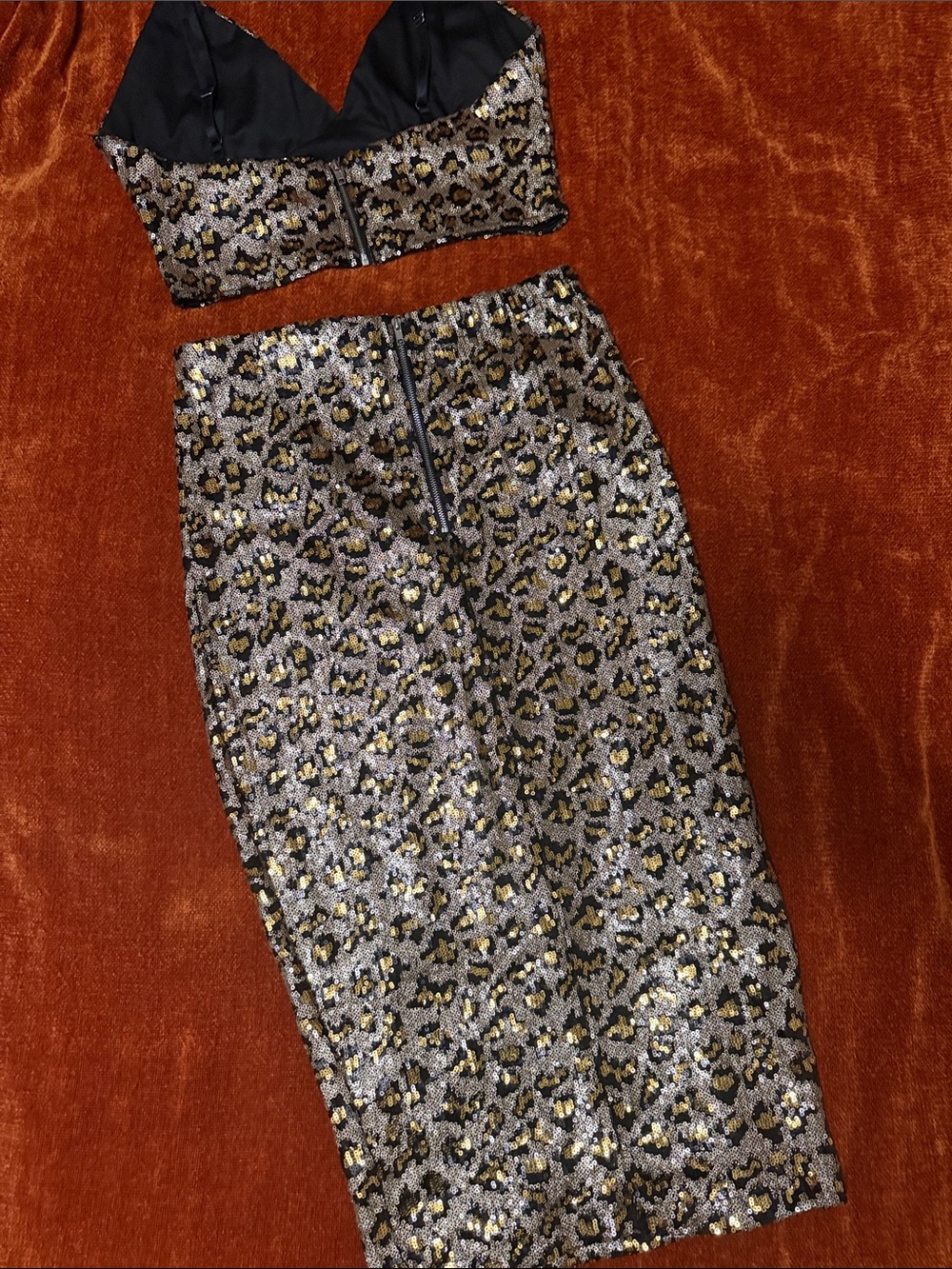 Revamped | Gold & Black Sequin Leopard Crop Top and Skirt Set | L - Picture 8 of 11